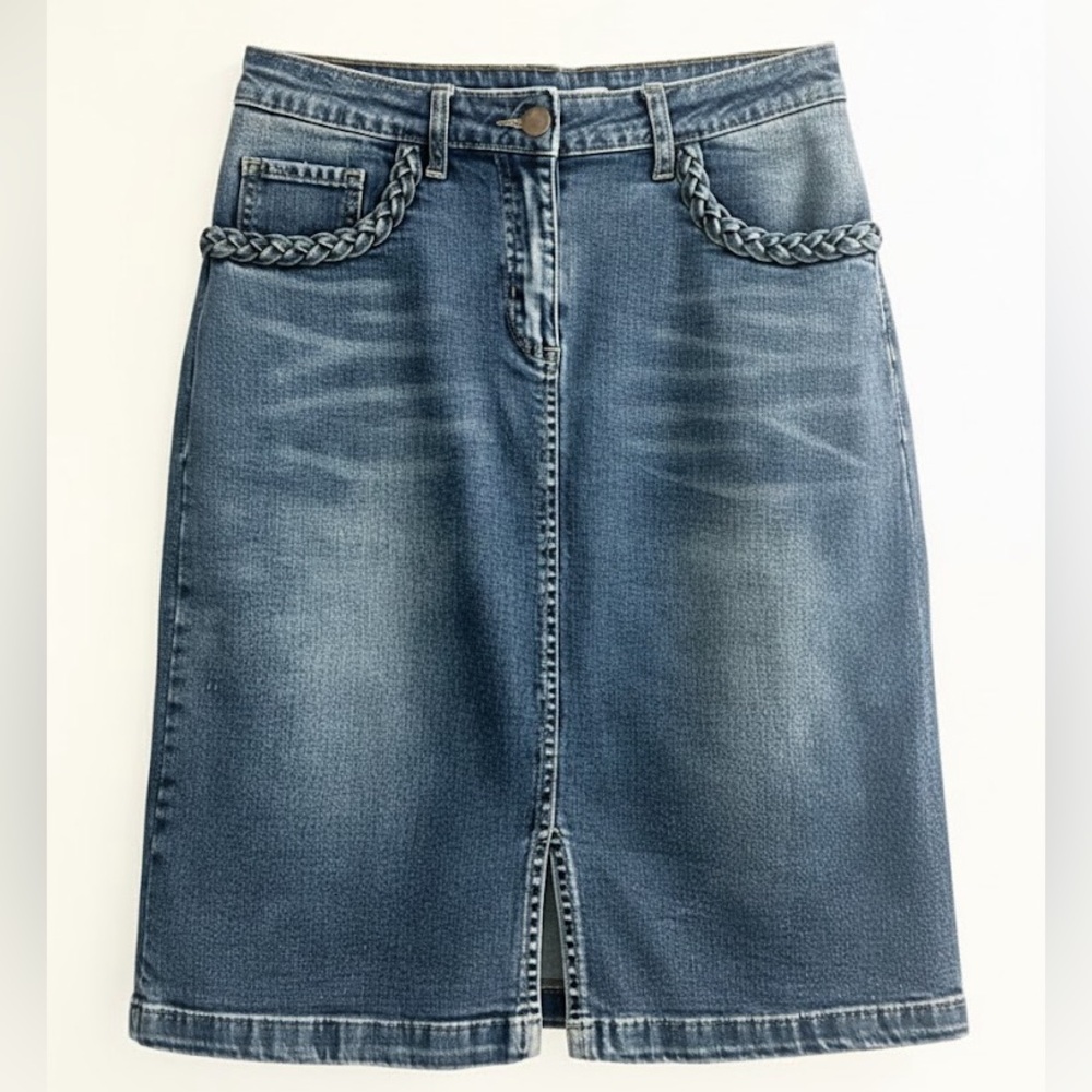 Ellison 2000 Y2K Classic Blue Denim Braided Pocket Boho Knee Length Midi Skirt S